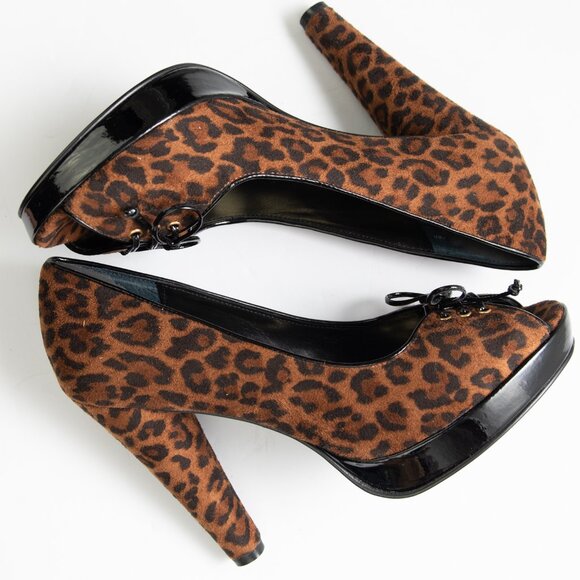 Beverly Feldman Play Along Heels Peep Toe Leopard Print Shoes Brown Black Size 8 - Picture 4 of 8
